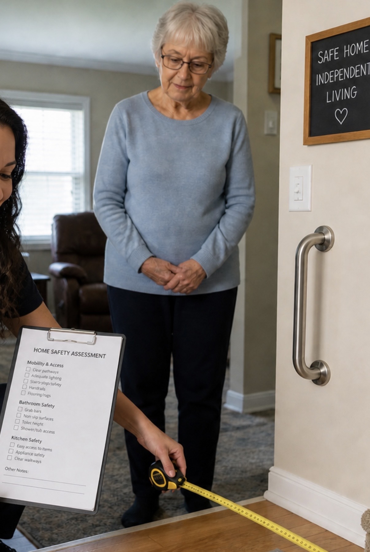 Rebeca conducting an in-home safety assessment with a tape measure and clipboard